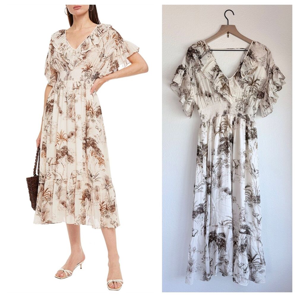 Sandro Marro Elephant Toile Print Ruffled Gauze Midi Dress NWT Sz 36 US 4 Small